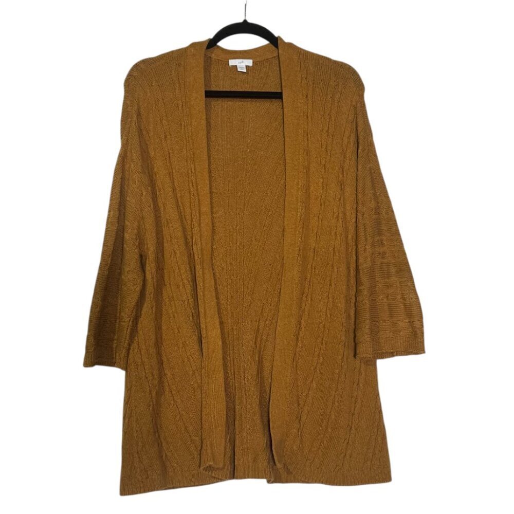 J. Jill Open Front Cardigan Long Line Cable Knit Mustard Brown Size LP Fishermen